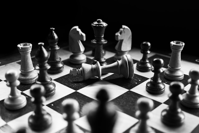 Chessboard with pieces in strategic positions