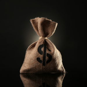 A burlap money bag with a dollar sign on a reflective surface, symbolizing financial estimates